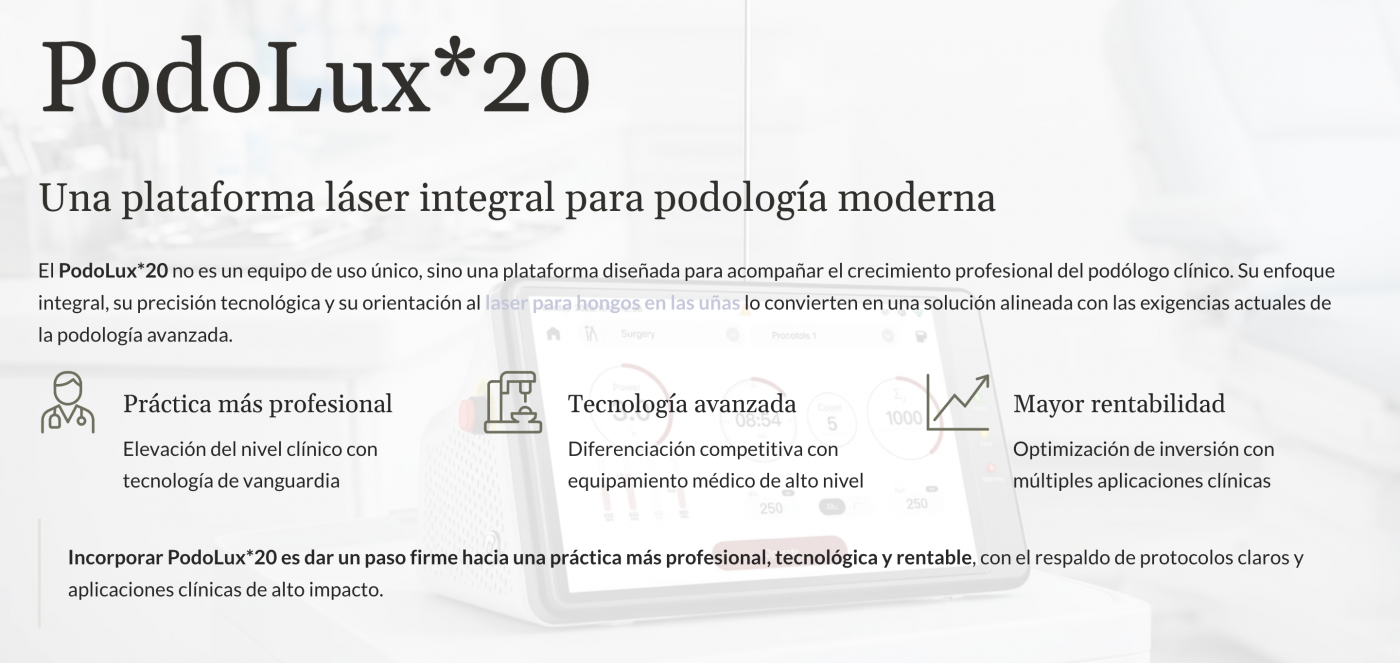 Laser para hongos en las uñas con equipo PodoLux 20 en podología clínica profesional